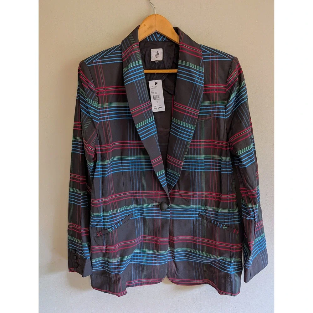 Cabi Holiday Blazer XL Womens Black Plaid Single Button Cotton Jacket 3850 NWT